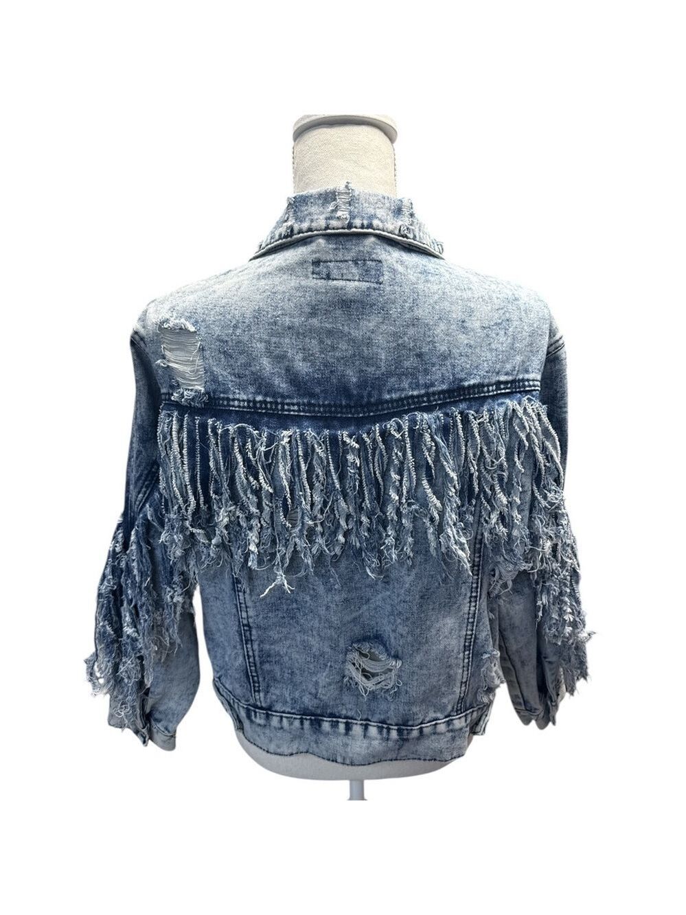 Thrill Women's Distressed Denim Jacket Blue Size L Casual Button-Up - Picture 5 of 7